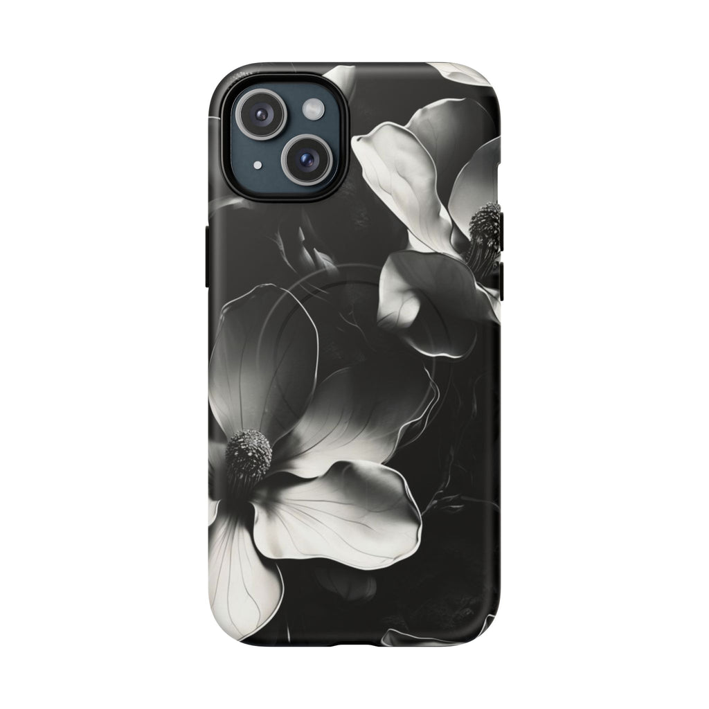 Monochrome Magnolia - Elegant Black & White Floral iPhone 15 Plus MagSafe Phone Case - Artistic Magnolia Design