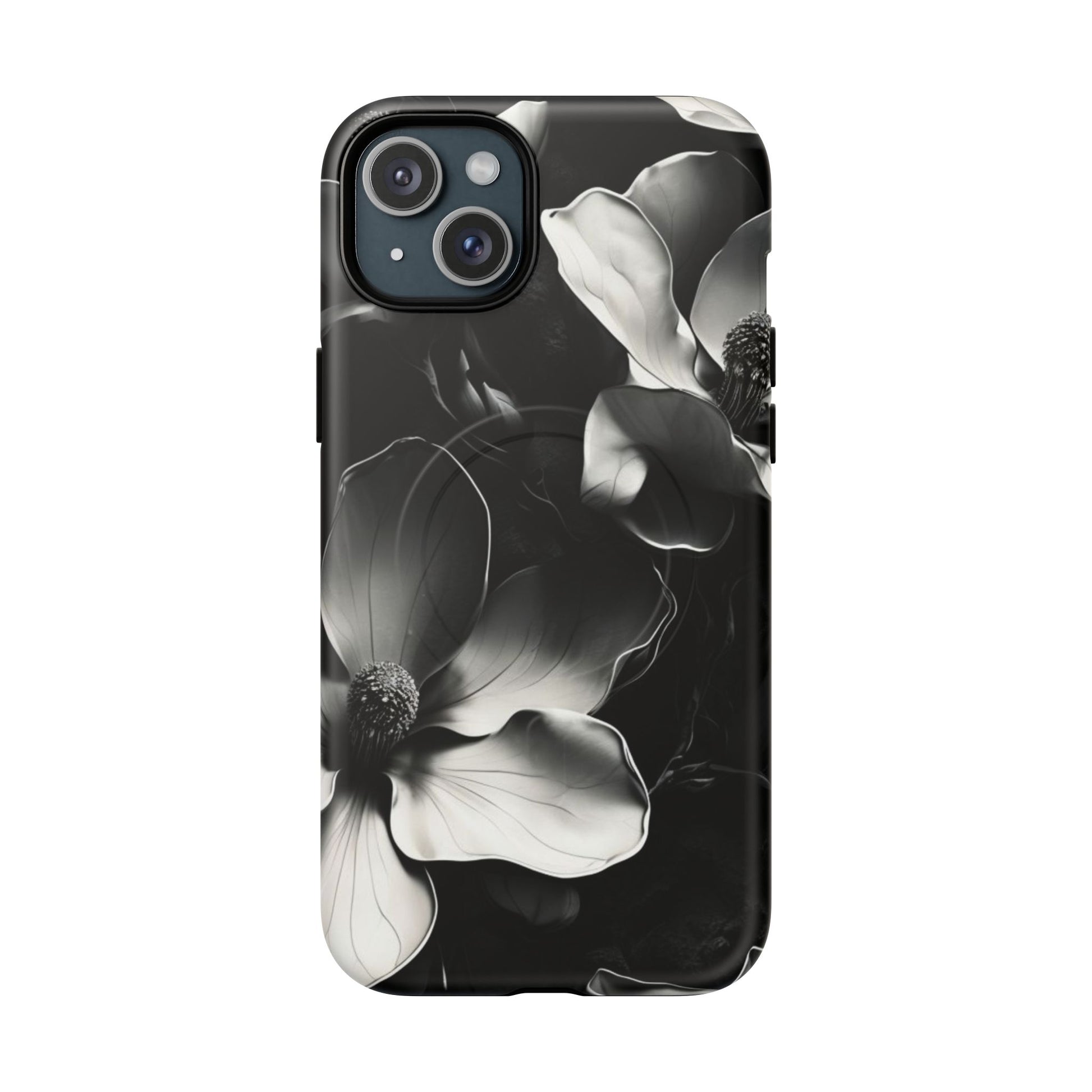 Monochrome Magnolia - Elegant Black & White Floral iPhone 15 Plus MagSafe Phone Case - Artistic Magnolia Design