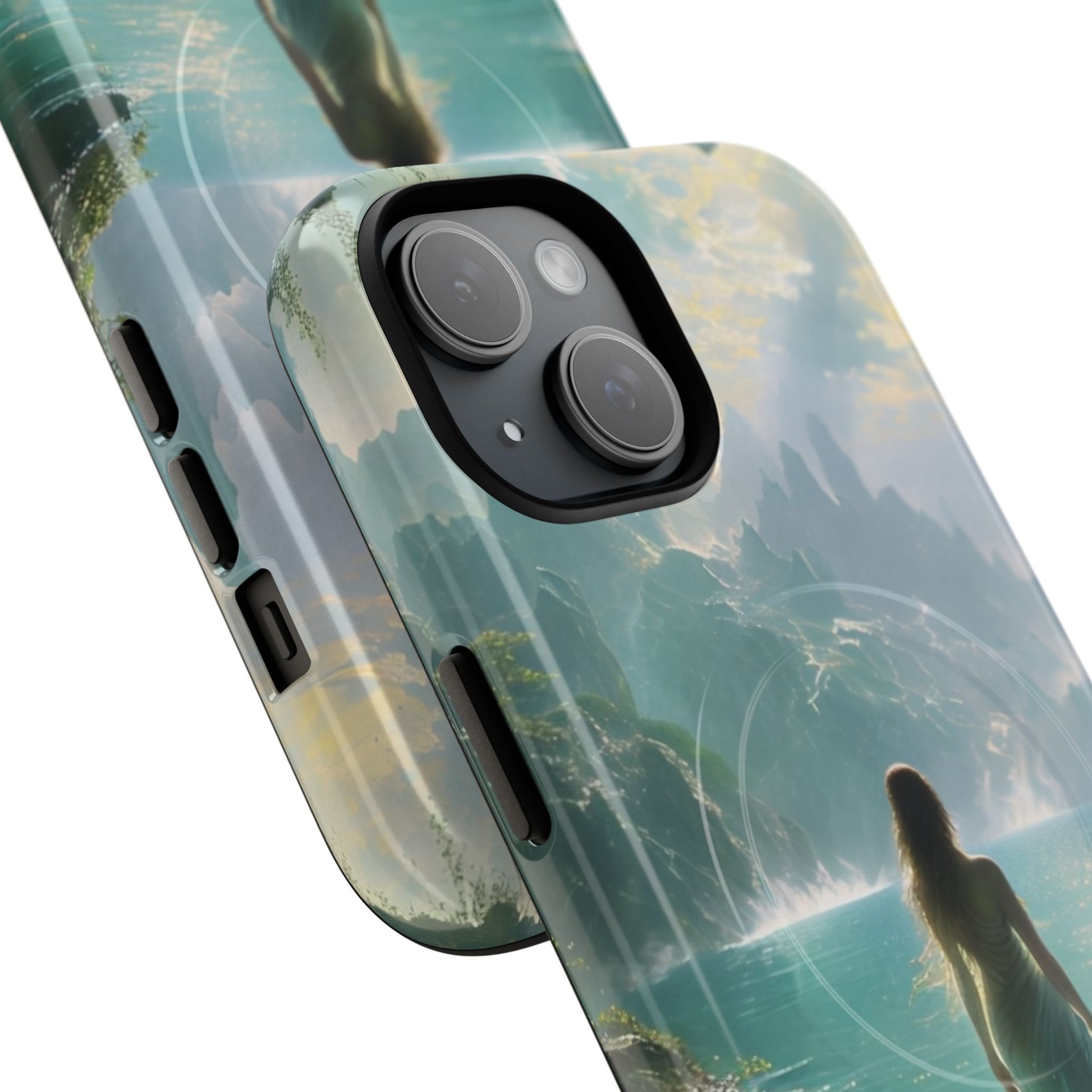 Celestial Tides - Dreamscape Art iPhone 15 MagSafe Phone Case -Ethereal Woman & Fantasy Landscape Design