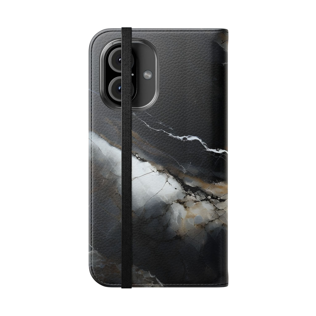 Obsidian Vein Wallet Phone Case - Black & White Marble - Flip Cover for iPhone 16