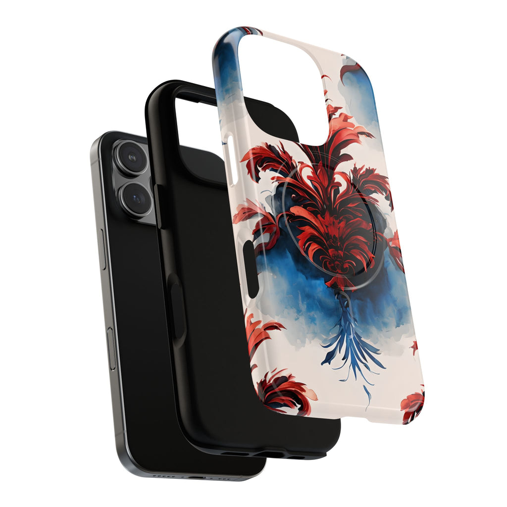 Crimson Plume - Bold Artistic Feather iPhone 16 Pro MagSafe Phone Case - Dramatic Red & Blue Design