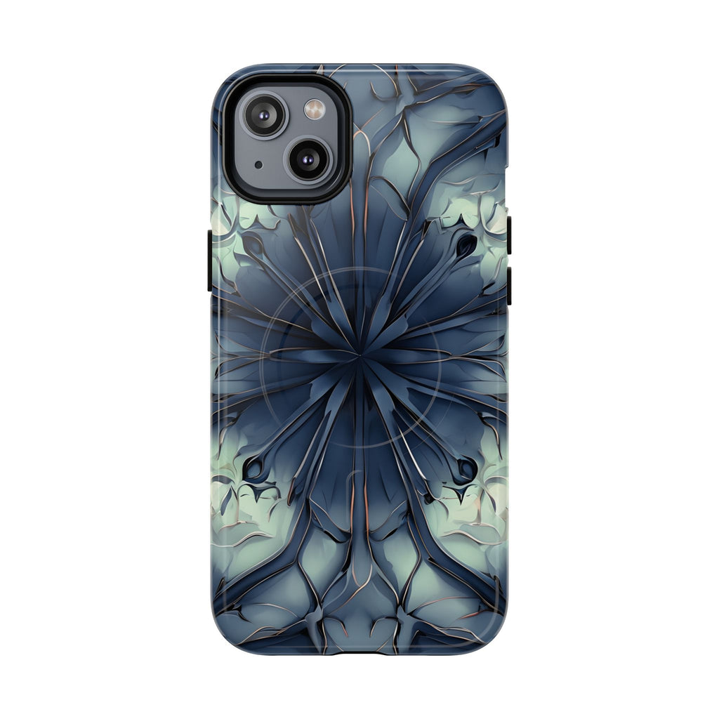 Indigo Mosaic - Artistic Kaleidoscope Collection Artistic Floral - iPhone 14 Plus MagSafe Phone Case -Bold Blue Symmetrical Design