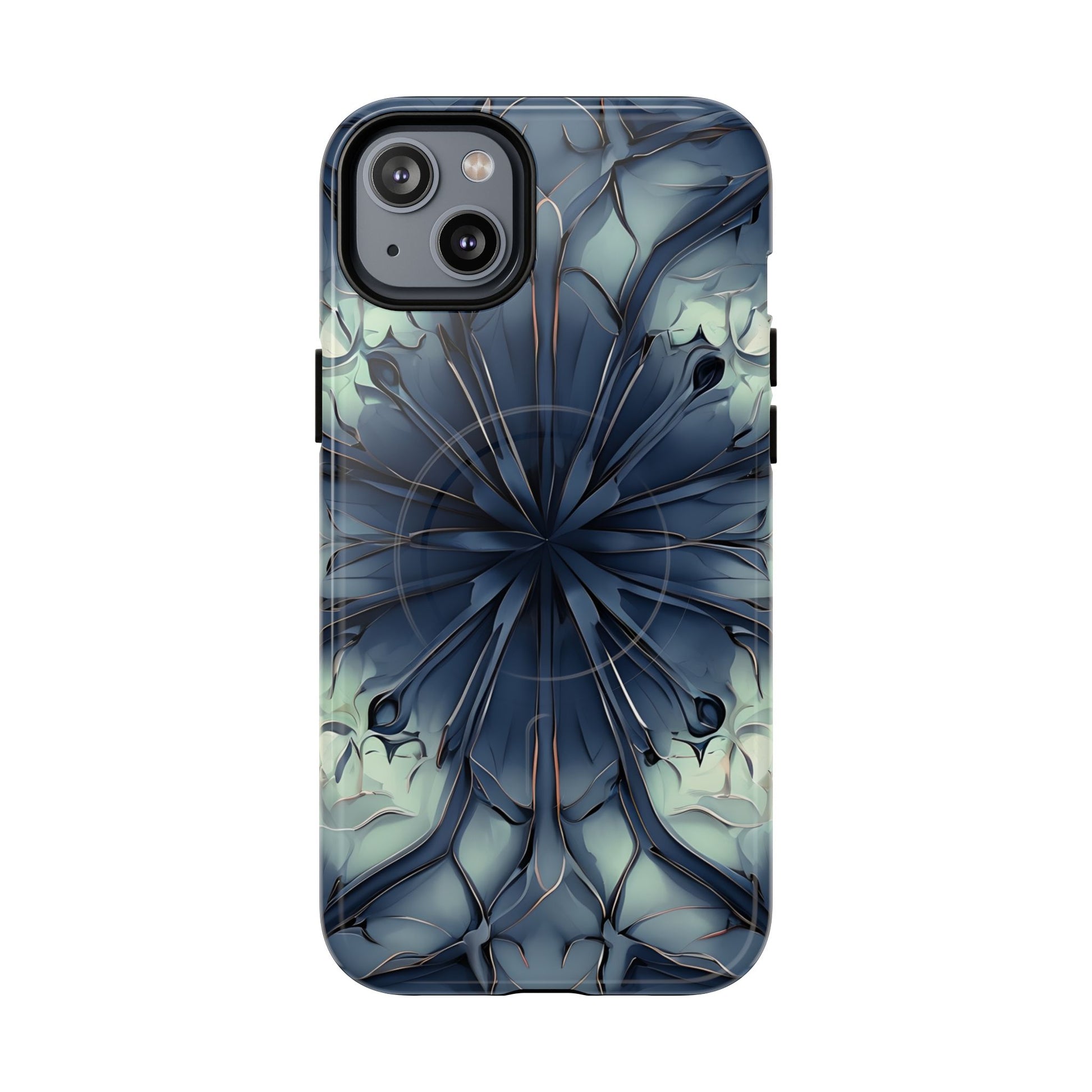 Indigo Mosaic - Artistic Kaleidoscope Collection Artistic Floral - iPhone 14 Plus MagSafe Phone Case -Bold Blue Symmetrical Design