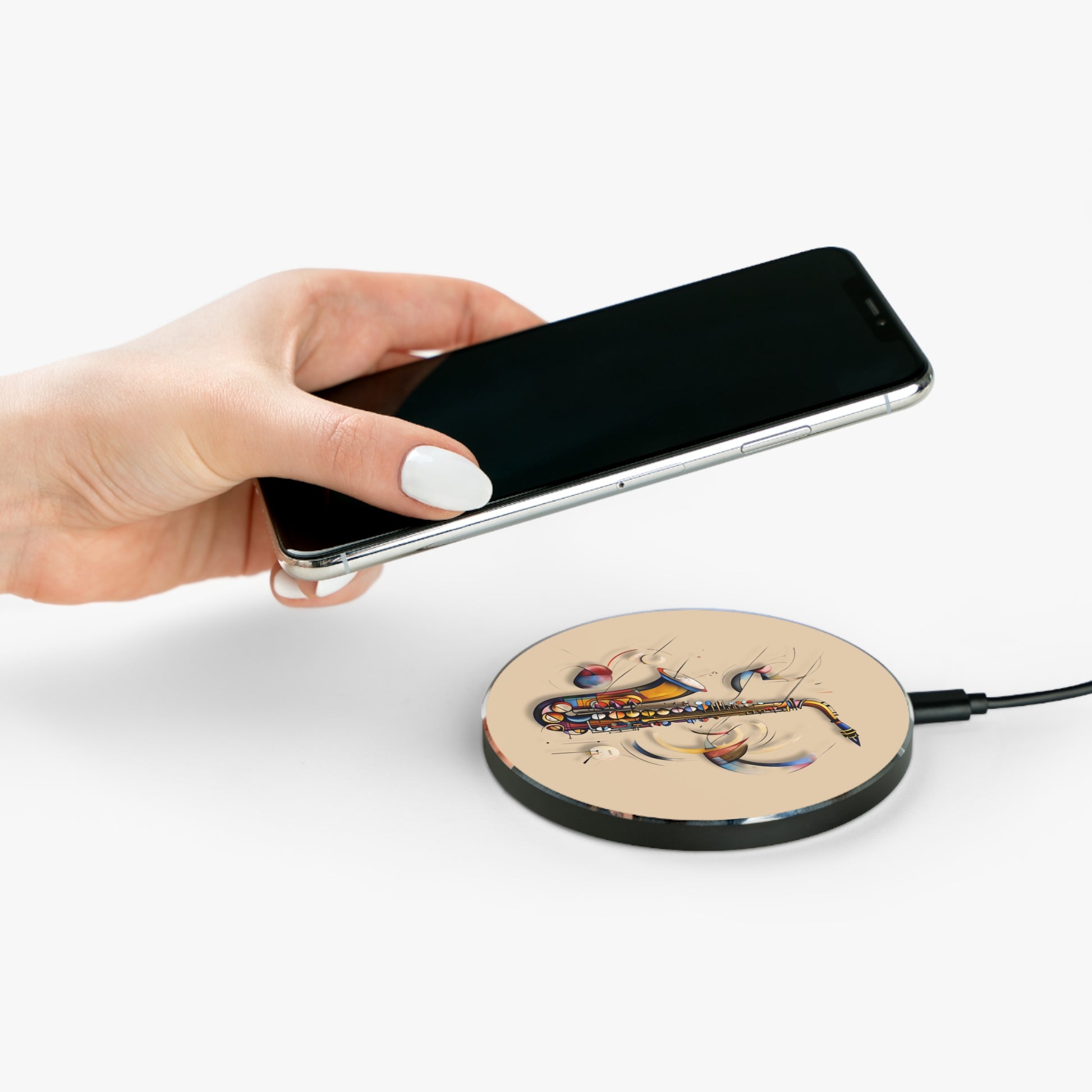 Brass Rhapsody Saxophone Abstract Qi Wireless Charger - 10W Fast Charging Pad - MagSafe Compatible Phone Charger