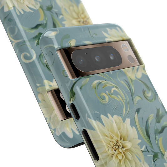 Golden Dahlia Trio elegant dahlia floral artwork Google Pixel phone case angled view