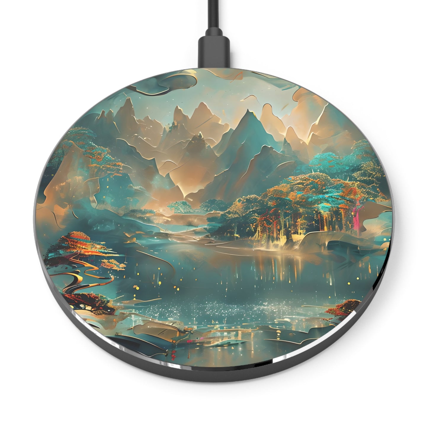 Misty Horizon fantasy mountain landscape decorative Qi wireless charger with misty lake and golden trees