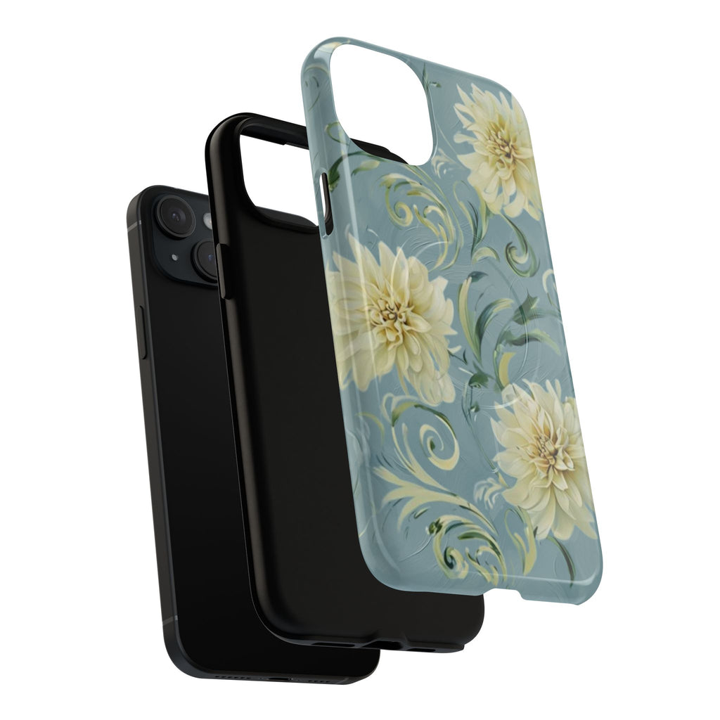 Golden Dahlia Trio - Elegant Floral iPhone 15 Plus MagSafe Phone Case - Artistic White & Blue Dahlia Design