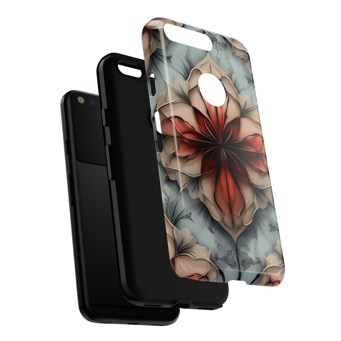 Ember Bloom - Kaleidoscope Collection Artistic Floral - Google Pixel Tough Phone Case - Fiery Symmetrical Design