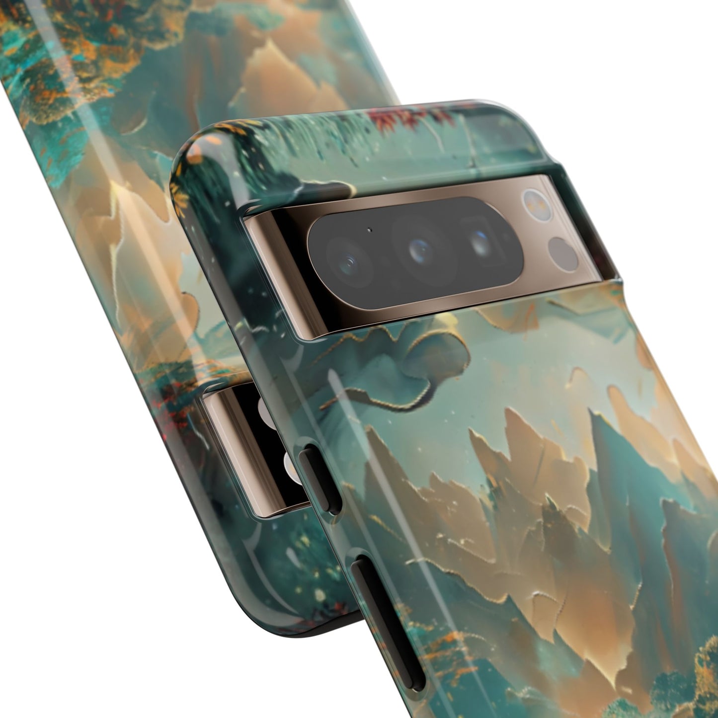 Misty Horizon serene mountain landscape illustration Google Pixel phone case angled view