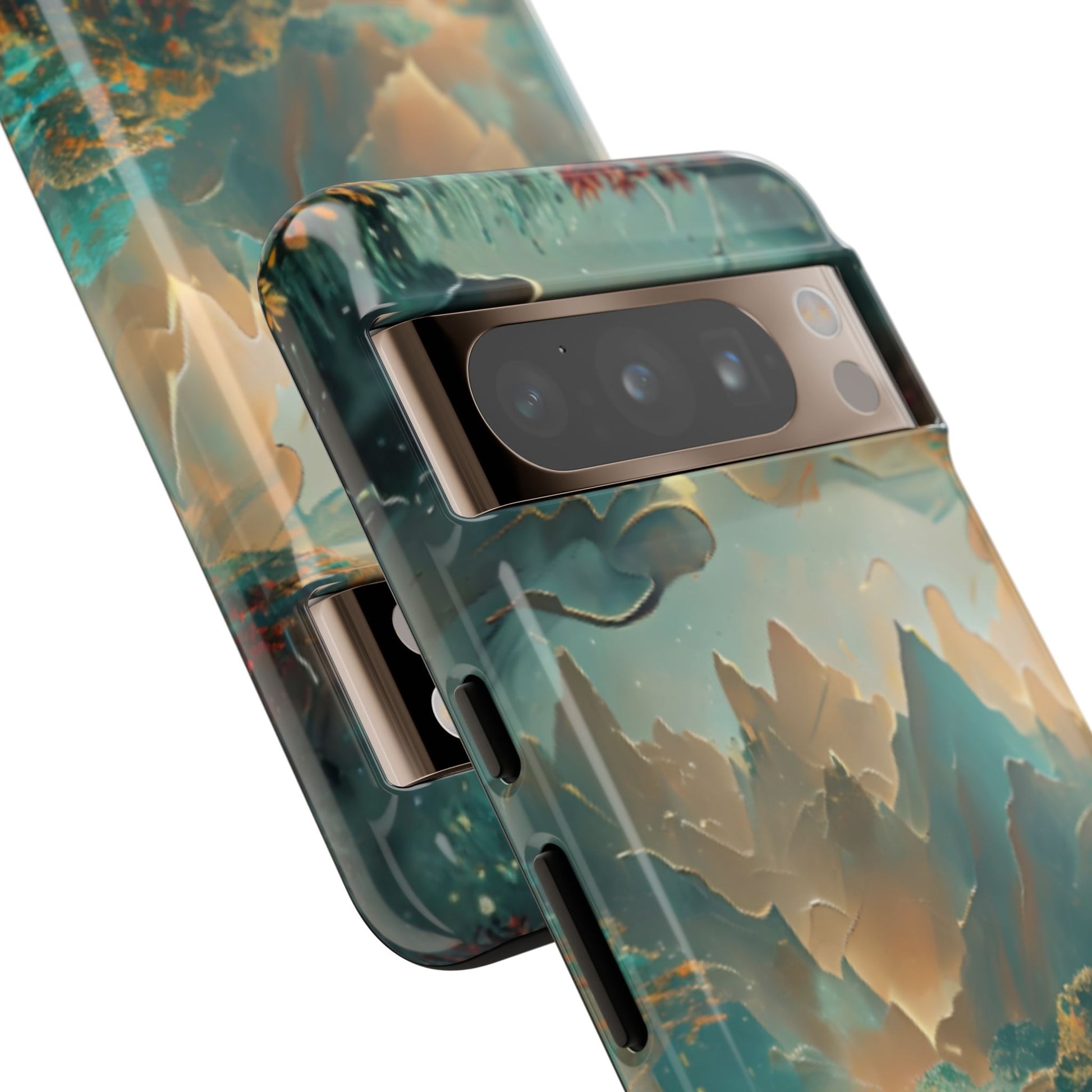 Misty Horizon serene mountain landscape illustration Google Pixel phone case angled view