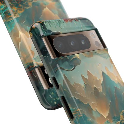 Misty Horizon serene mountain landscape illustration Google Pixel phone case angled view