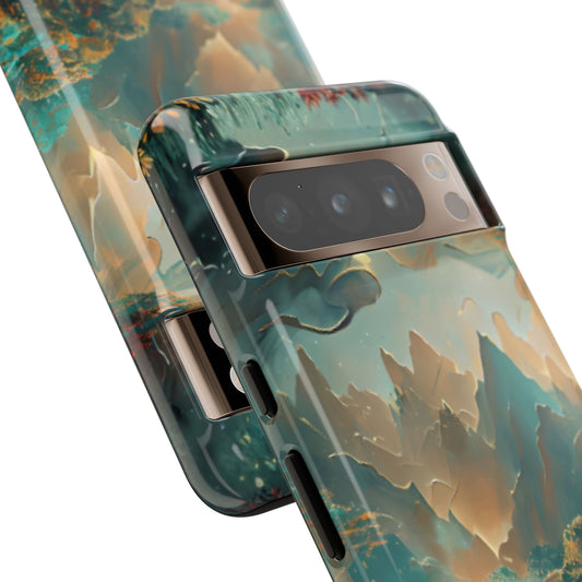 Misty Horizon serene mountain landscape illustration Google Pixel phone case angled view