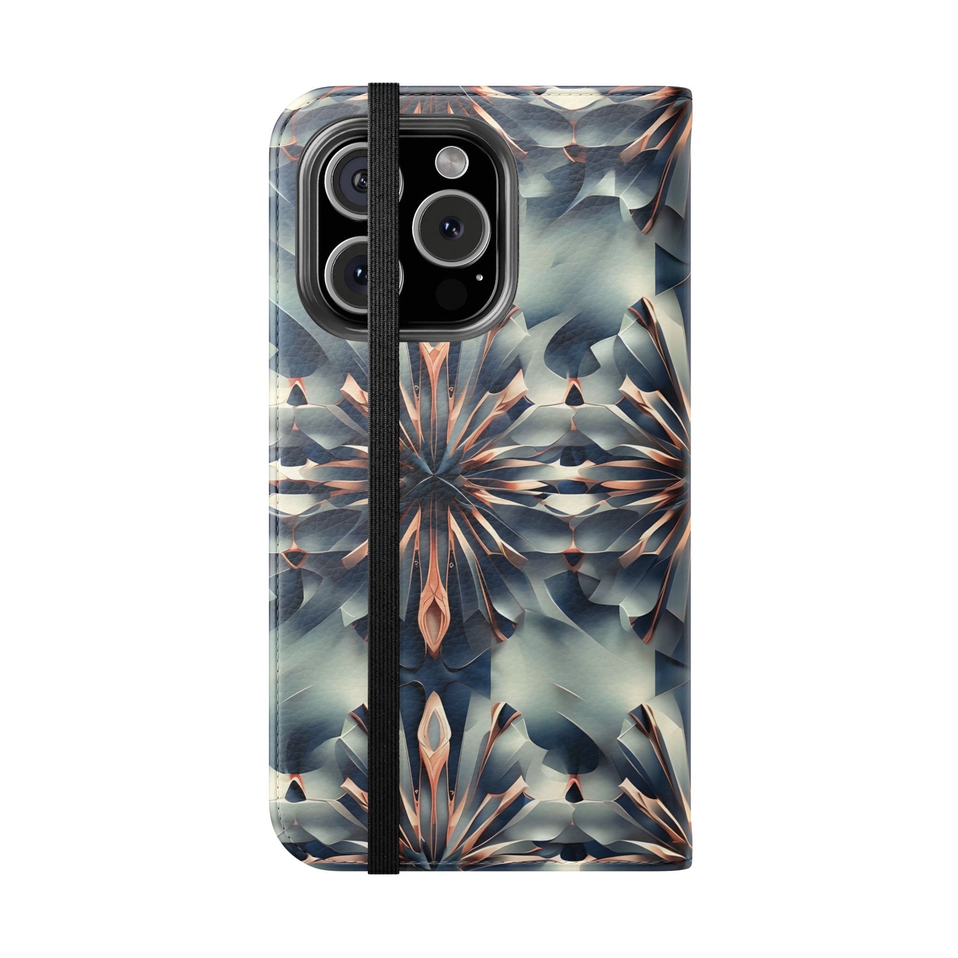 Obsidian Kaleidoscope iPhone 16 Pro Wallet Case - Elegant Abstract Flip Cover with Card Slots