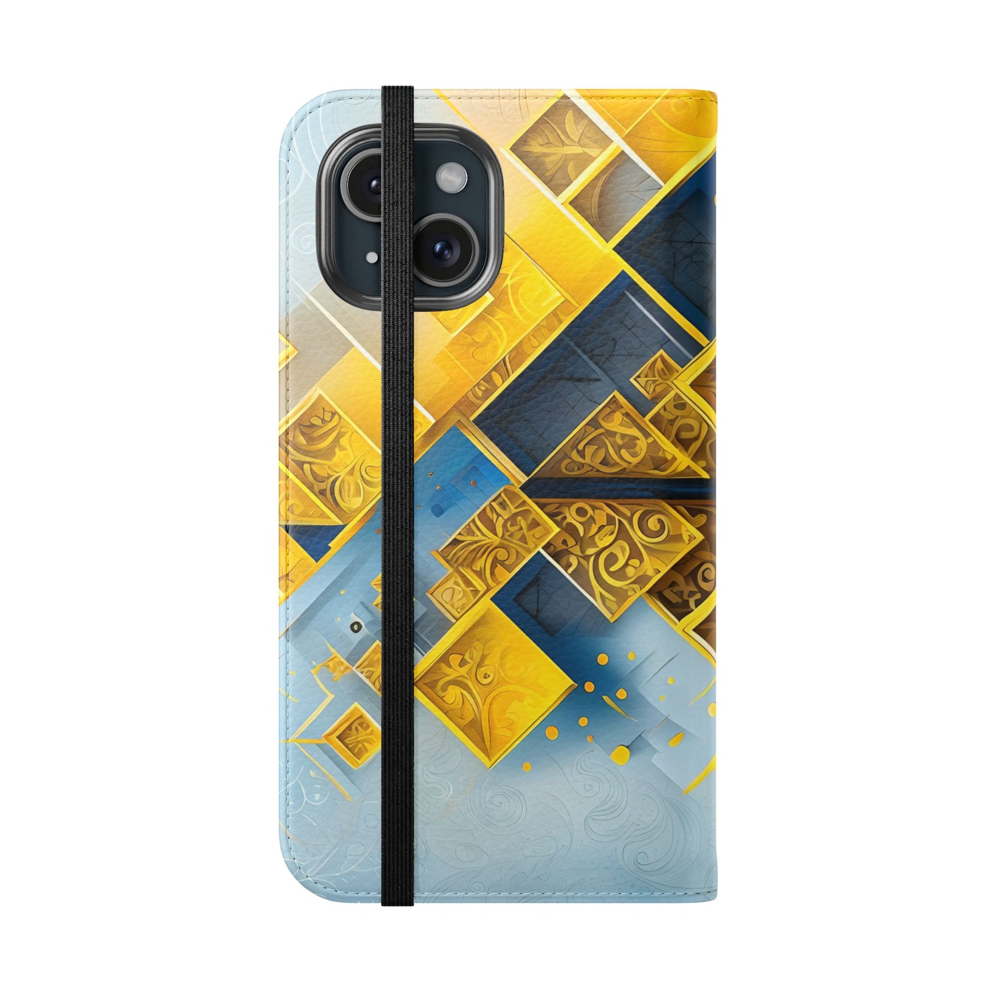 Golden Ascent Wallet Phone Case - Abstract Yellow & Blue Flip Cover for iPhone 15