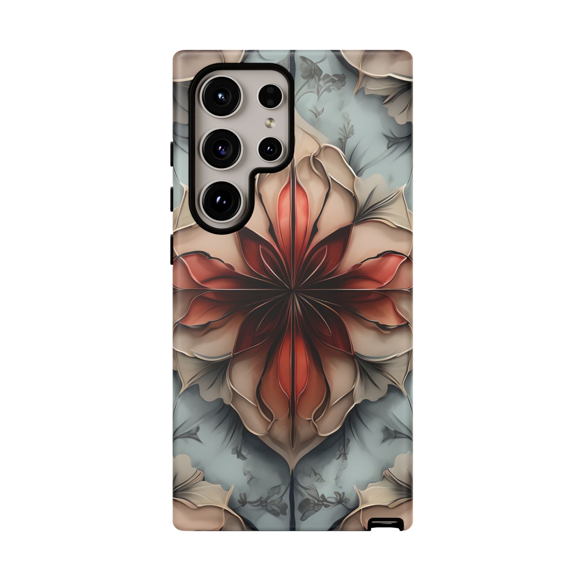 Ember Bloom - Kaleidoscope Collection Artistic Floral - Samsung Galaxy S24 Ultra Tough Phone Case - Fiery Symmetrical Design