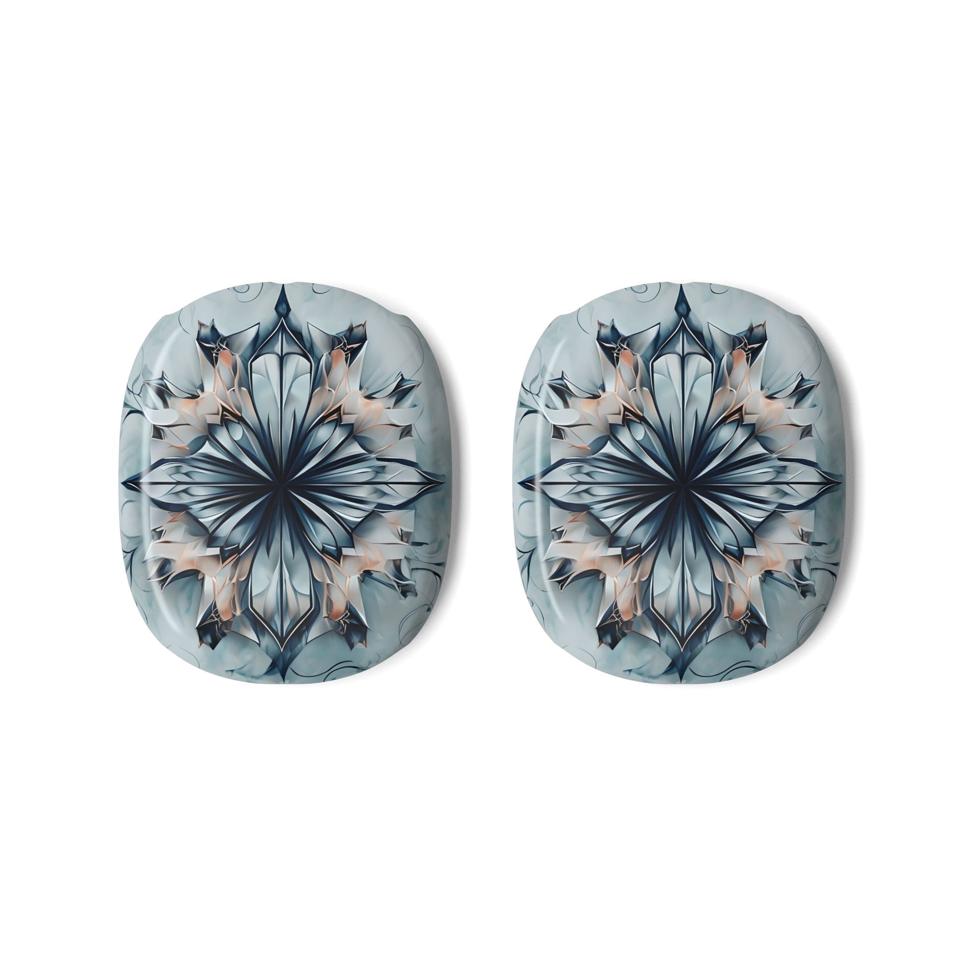 Indigo Mirage AirPods Max ear cup covers with layered indigo flower mandala design on pale grey‑blue, flat product view