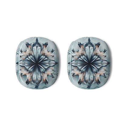 Indigo Mirage AirPods Max ear cup covers with layered indigo flower mandala design on pale grey‑blue, flat product view