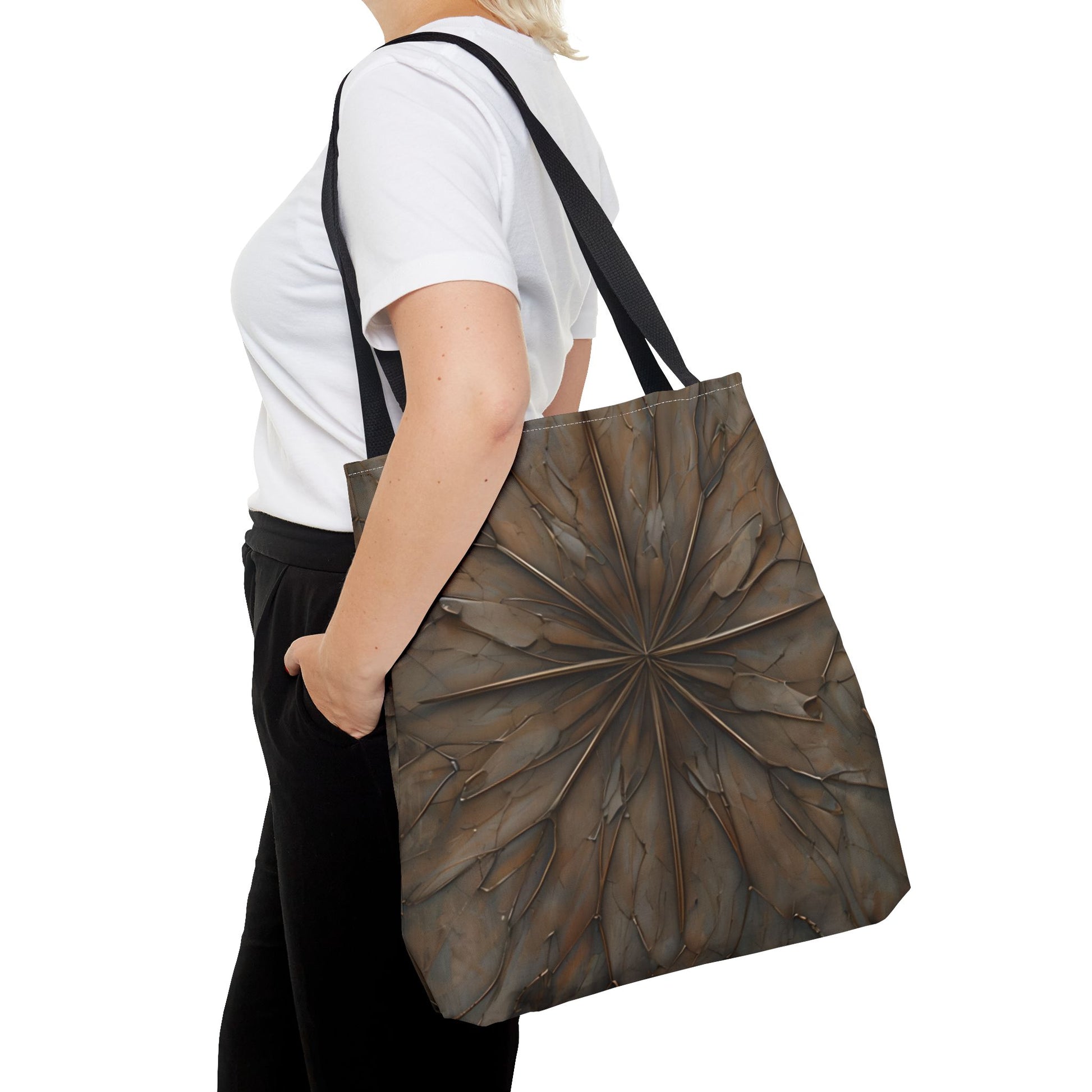 Earthstone Mandala Tote (16x16 & 18x18)- Centered Brown Geometric Pattern with Black Handle, Durable & Eco-Friendly Canvas