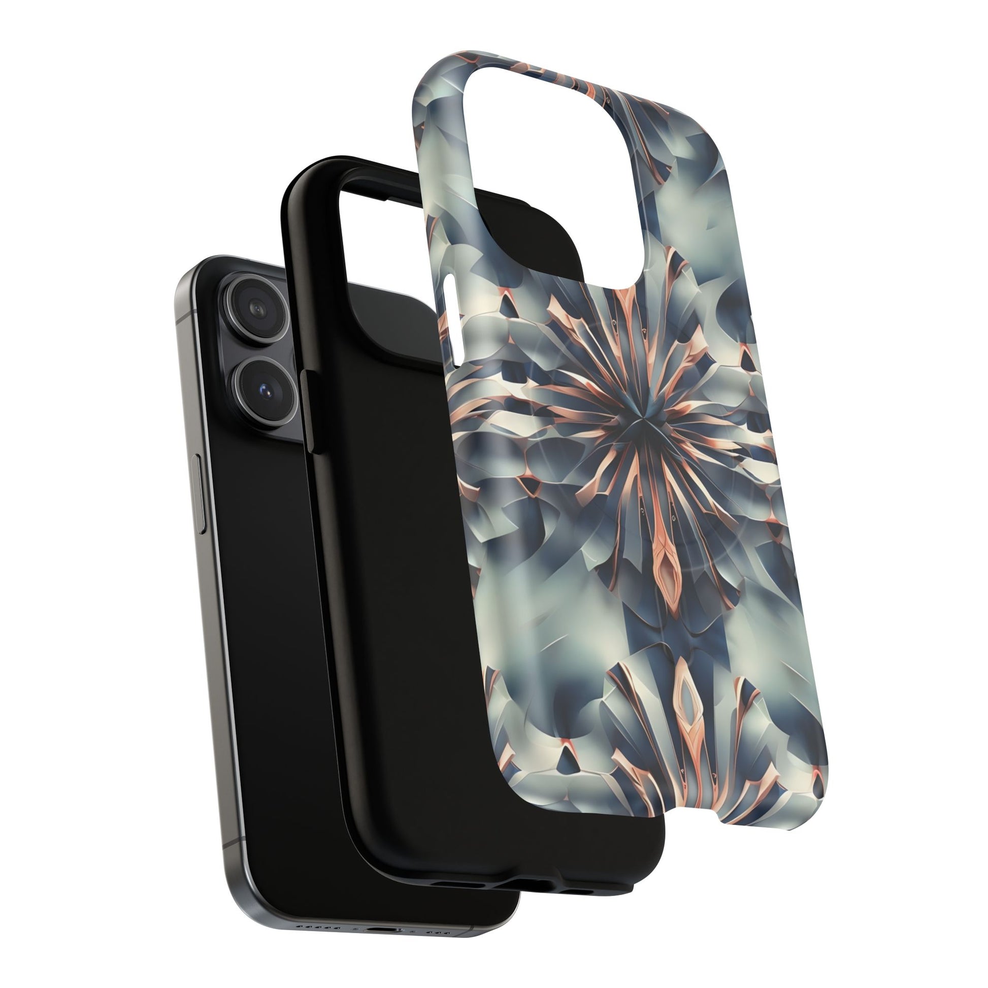 Obsidian Kaleidoscope Artistic Floral Burst - iPhone 15 Pro MagSafe Phone Case -Blue, Peach and Silver Symmetrical Design