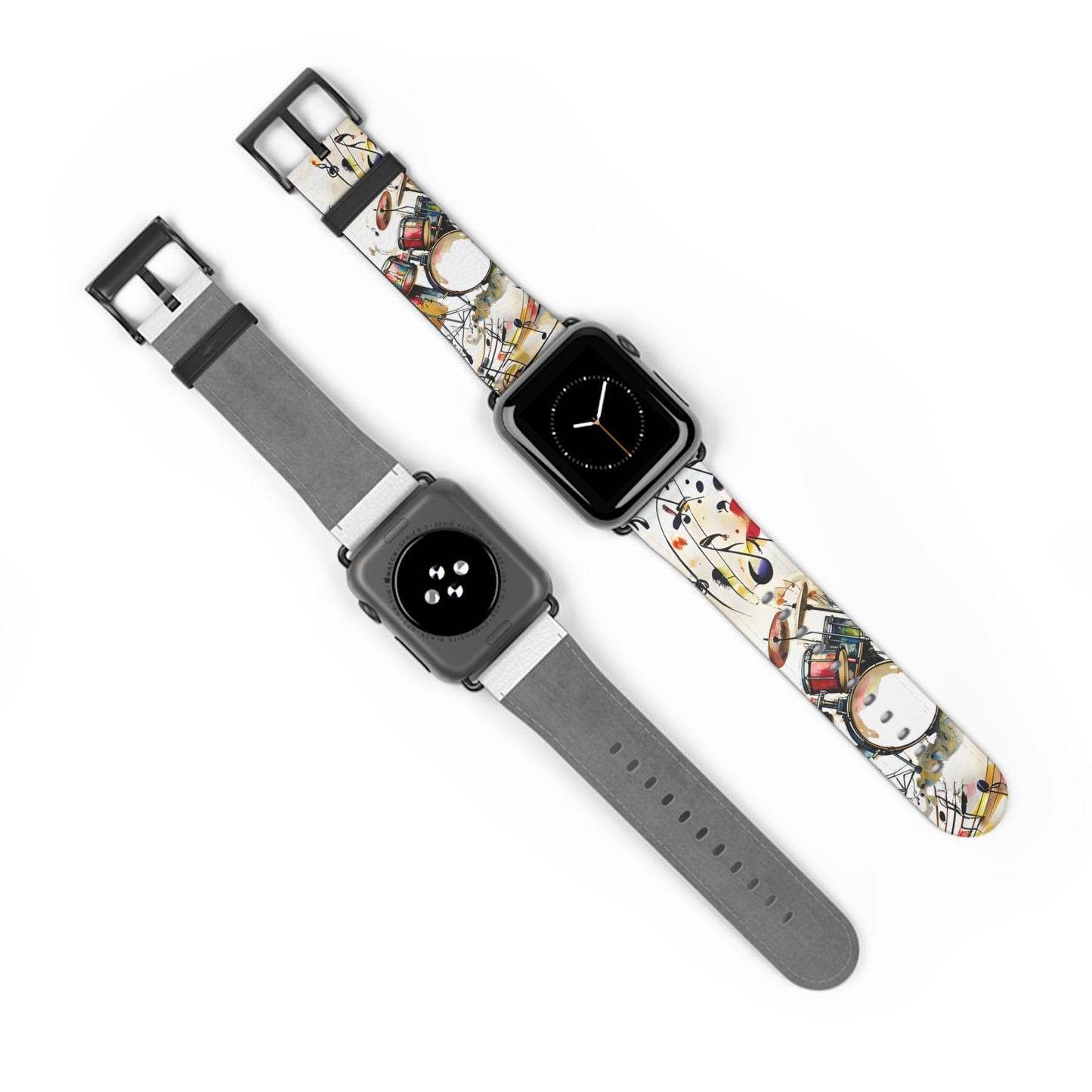 Two Apple Watches displaying Beatline Apple Watch band showing front with watch face and back of band, both with black clasp