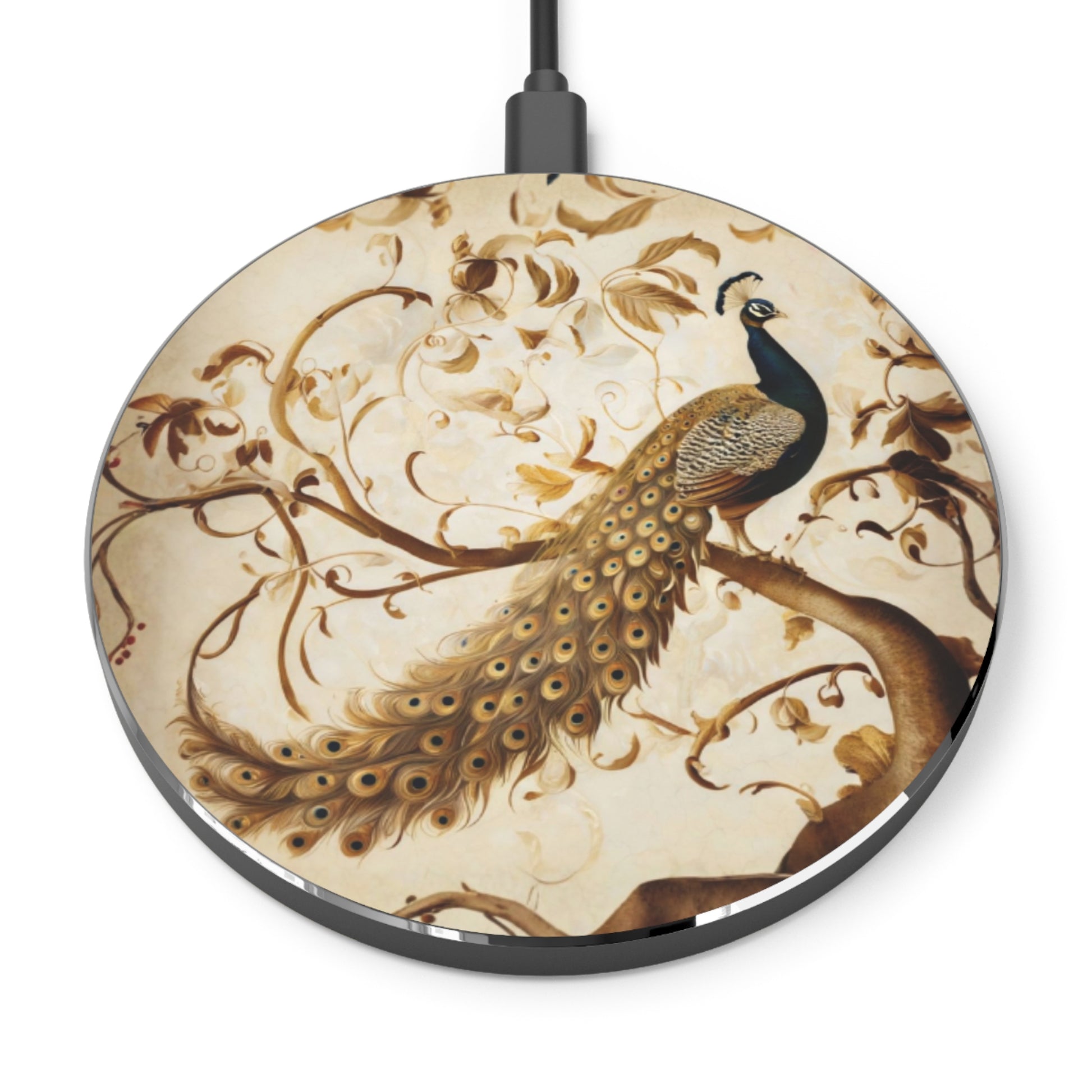Golden Plumage peacock art Qi wireless charger with elegant gold peacock and floral vine design