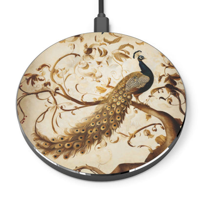 Golden Plumage peacock art Qi wireless charger with elegant gold peacock and floral vine design