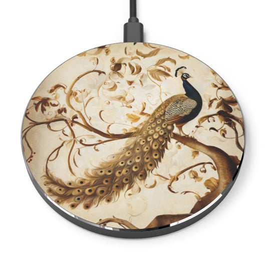 Golden Plumage peacock art Qi wireless charger with elegant gold peacock and floral vine design