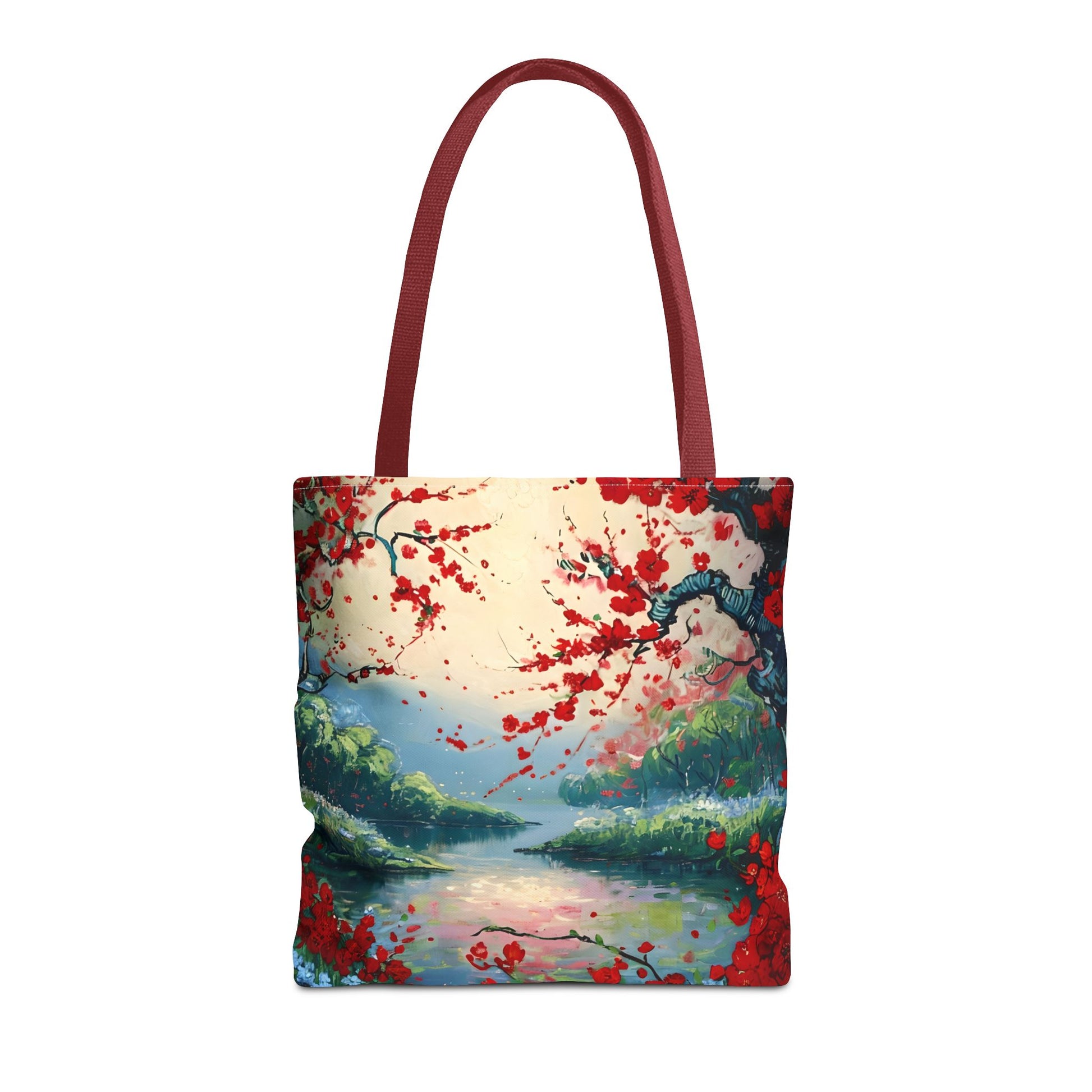 Crimson Blossom Lake canvas tote bag featuring serene lake and crimson blossom artwork with red handles