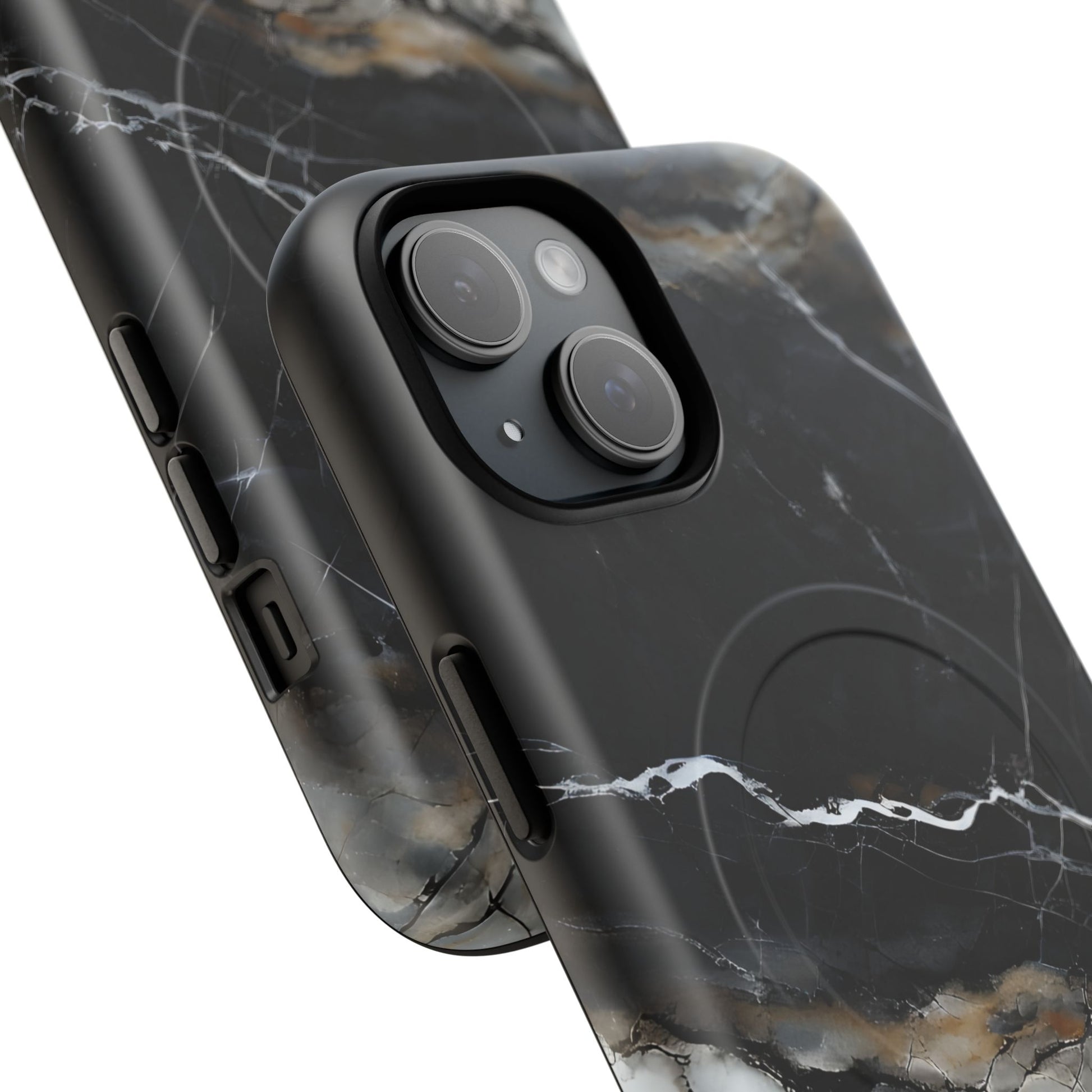 Obsidian Vein iPhone 15 MagSafe Phone Case -Black Neutral Marble Design