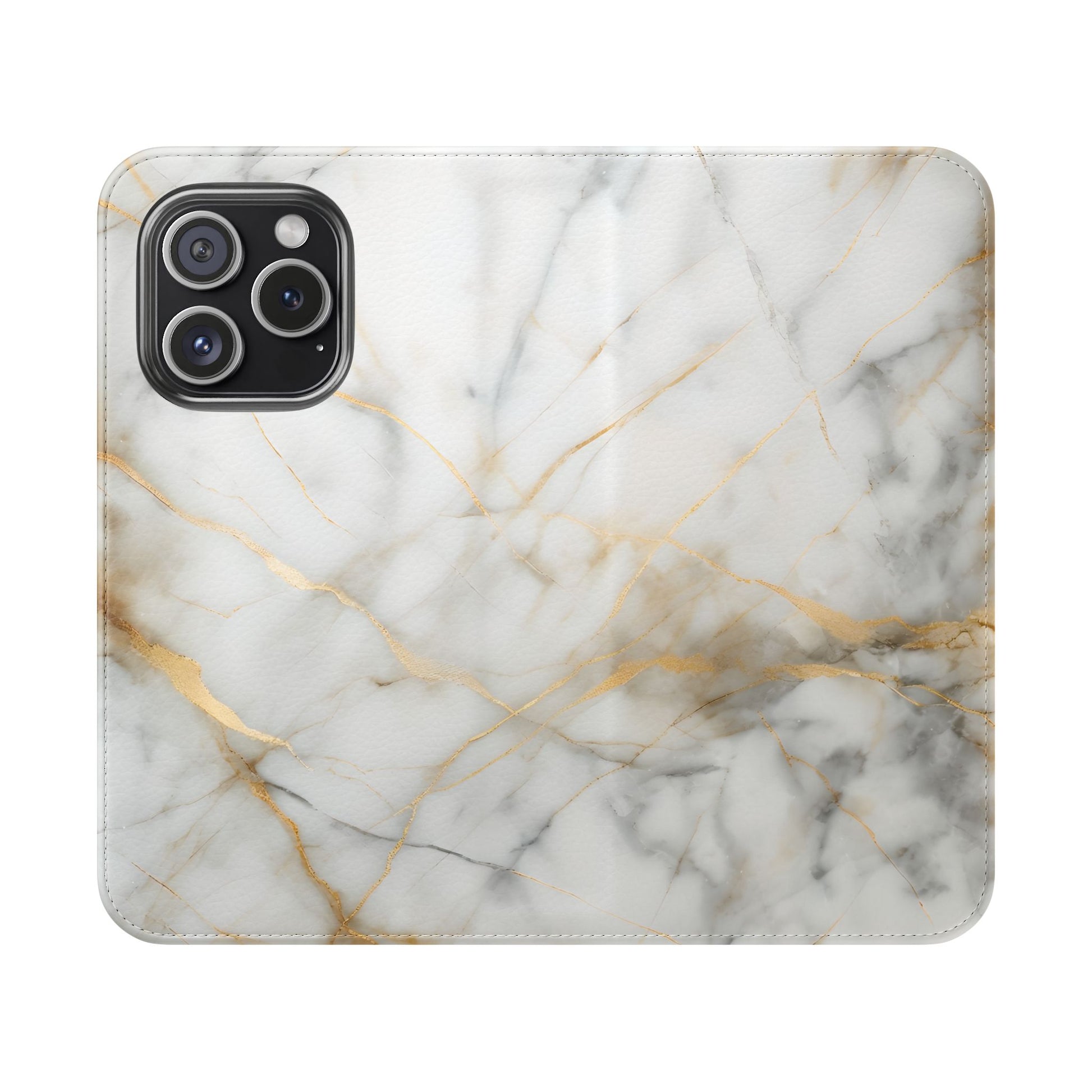 Golden Vein Wallet Phone Case - Gold & White Marble Design - Flip Cover for iPhone 15 Pro