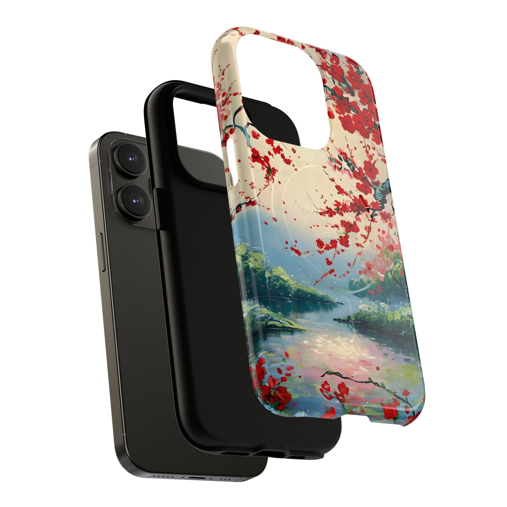 Crimson Blossom Lake - Artistic Floral Landscape iPhone 14 Pro MagSafe Phone Case - Red Cherry Blossoms & Serene Lake Design