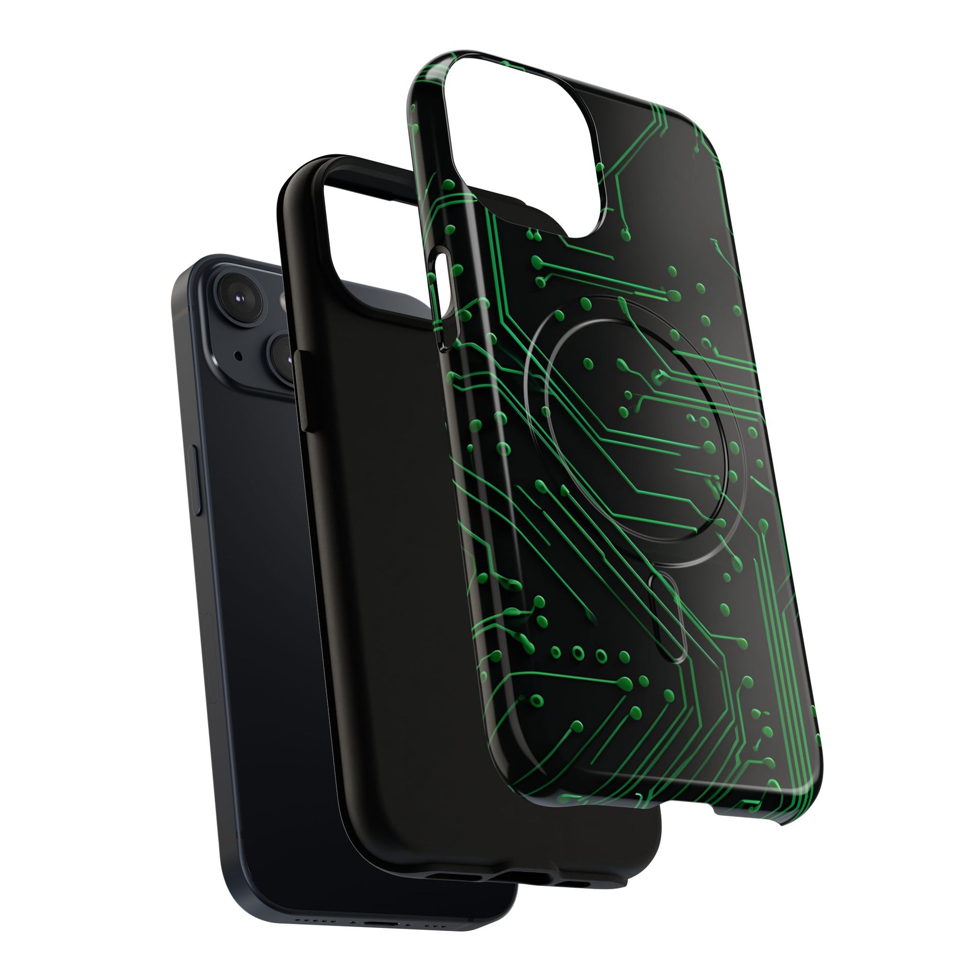 Green Circuit Grid iPhone 14 MagSafe Compatible case- Tech-Inspired Shockproof Cover