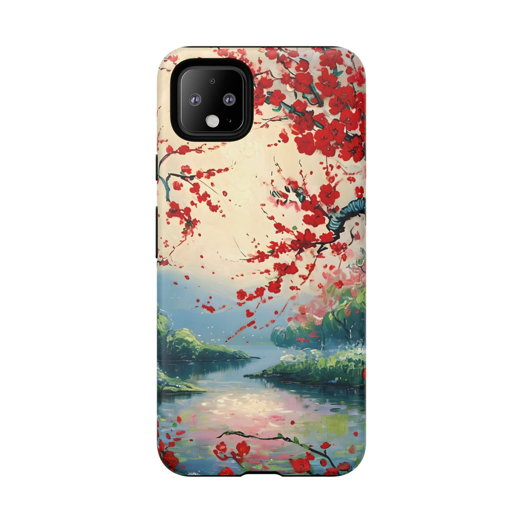 Crimson Blossom Lake - Artistic Floral Landscape Google Pixel 4XL Tough Phone Case - Red Cherry Blossoms & Serene Lake Design