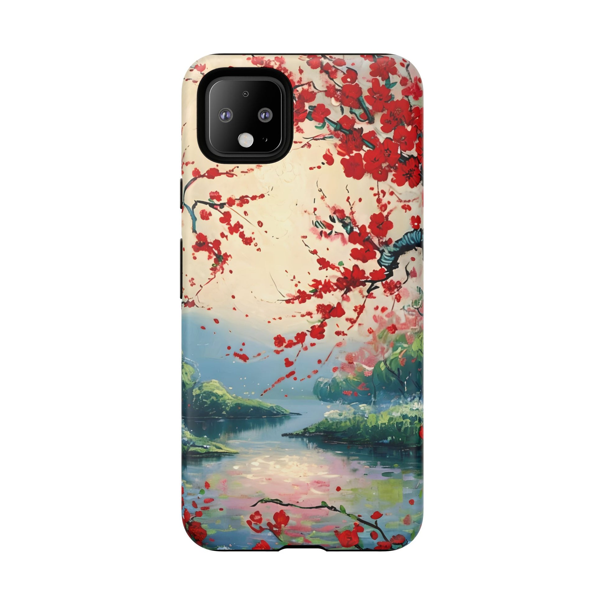 Crimson Blossom Lake - Artistic Floral Landscape Google Pixel 4XL Tough Phone Case - Red Cherry Blossoms & Serene Lake Design