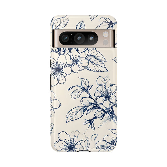 Blossom Sketch blue floral line art design Google Pixel phone case