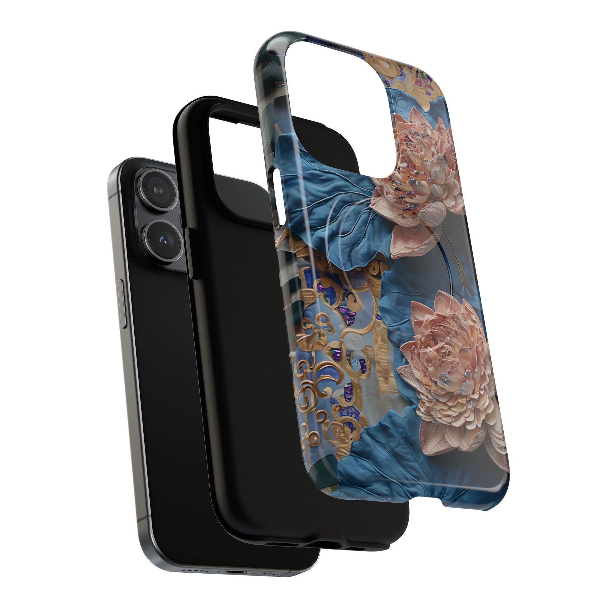 Peony Midnight Tapestry - iPhone 15 Pro - MagSafe Compatible - Elegant Blue & Blush Artful Phone Cover