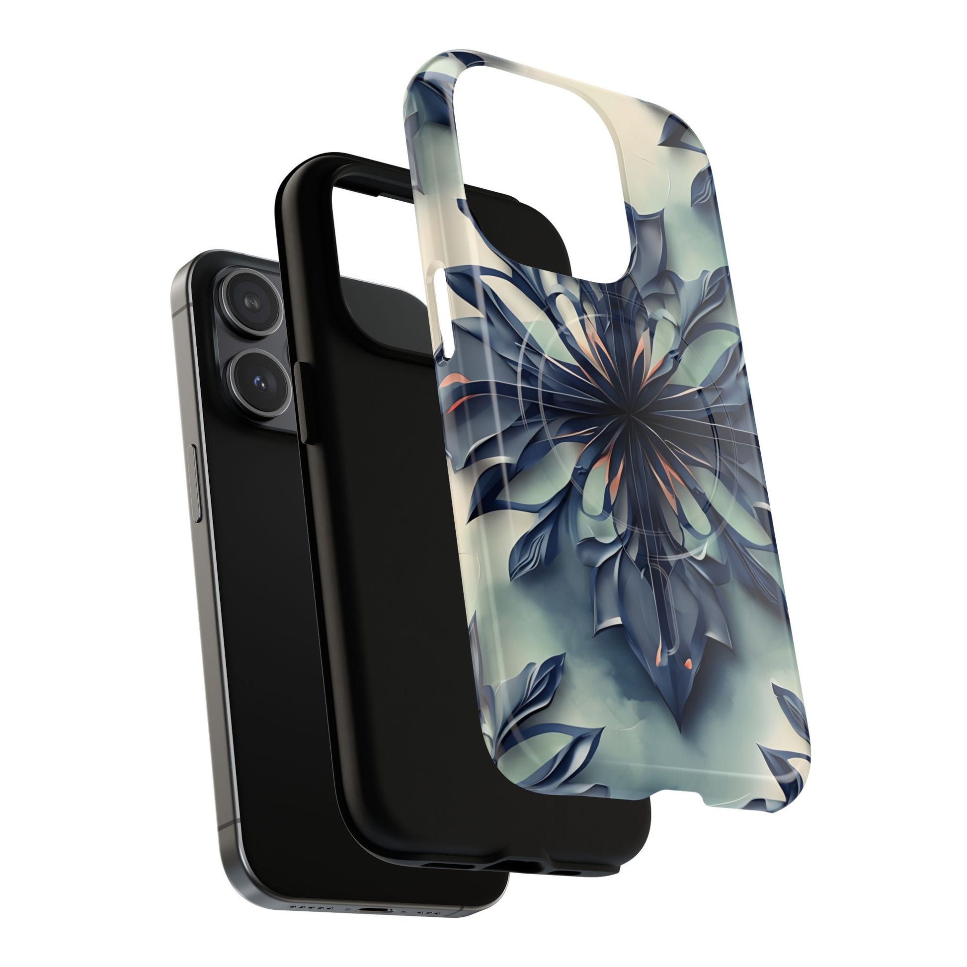 Frosted Indigo Bloom - Artistic Kaleidoscope Collection Artistic Floral - iPhone 15 Pro MagSafe Phone Case -Blue Symmetrical Design