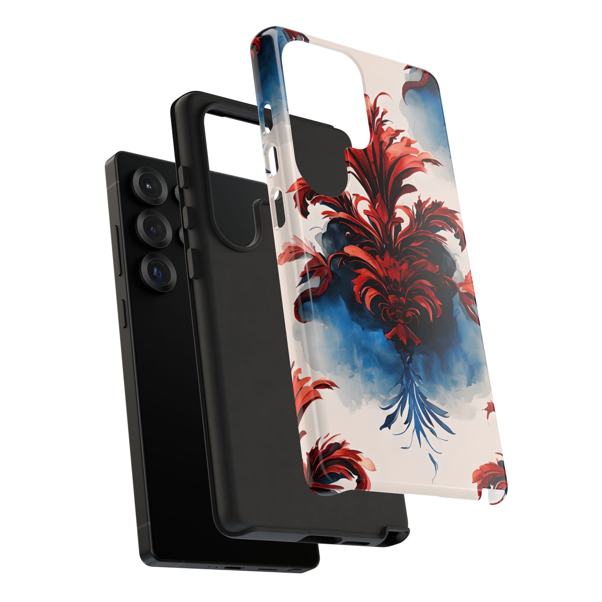 Crimson Plume - Bold Artistic Feather Samsung Galaxy S25 Ultra Tough Phone Case - Dramatic Red & Blue Design