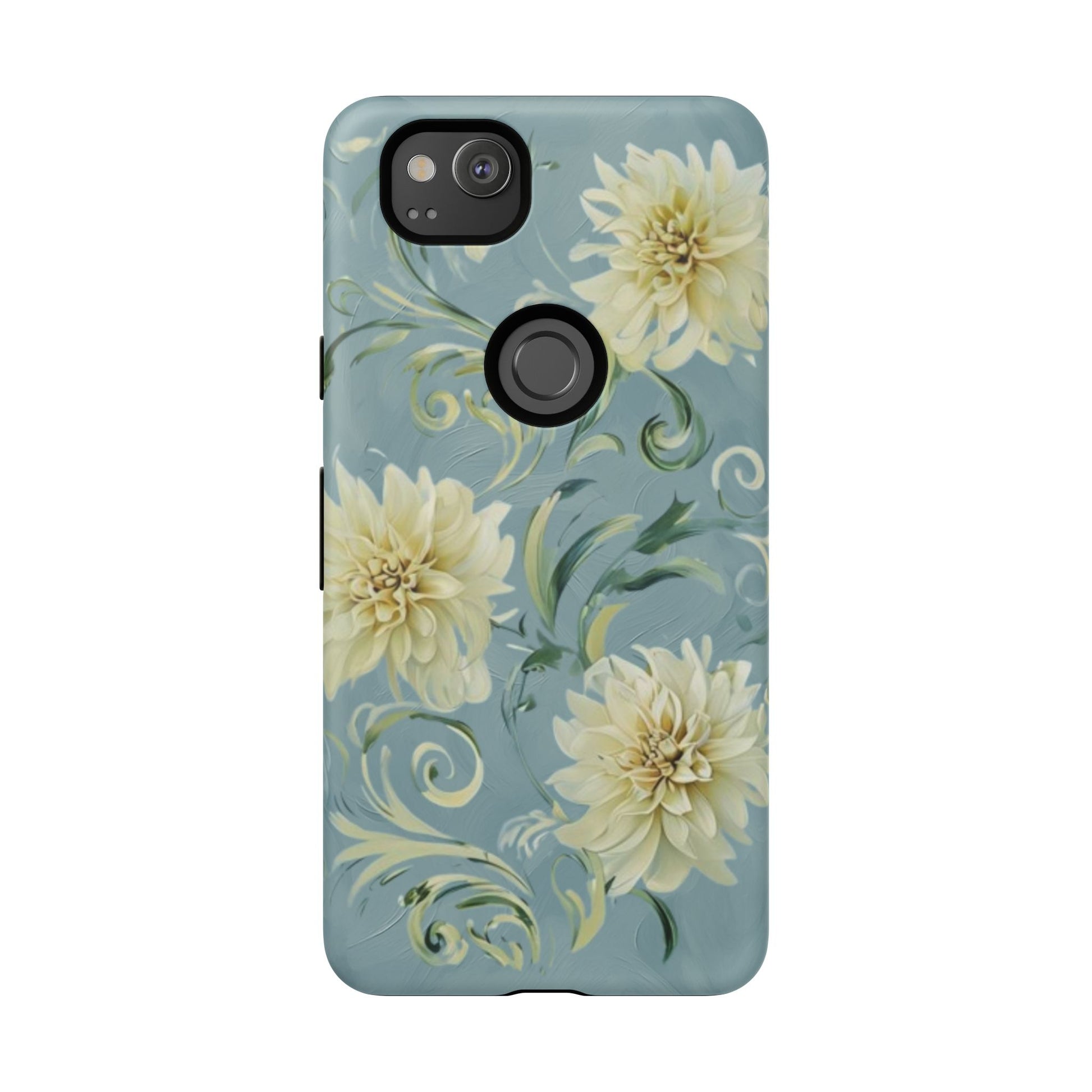 Golden Dahlia Trio - Elegant Floral Google Pixel 2 Tough Phone Case - Artistic White & Blue Dahlia Design