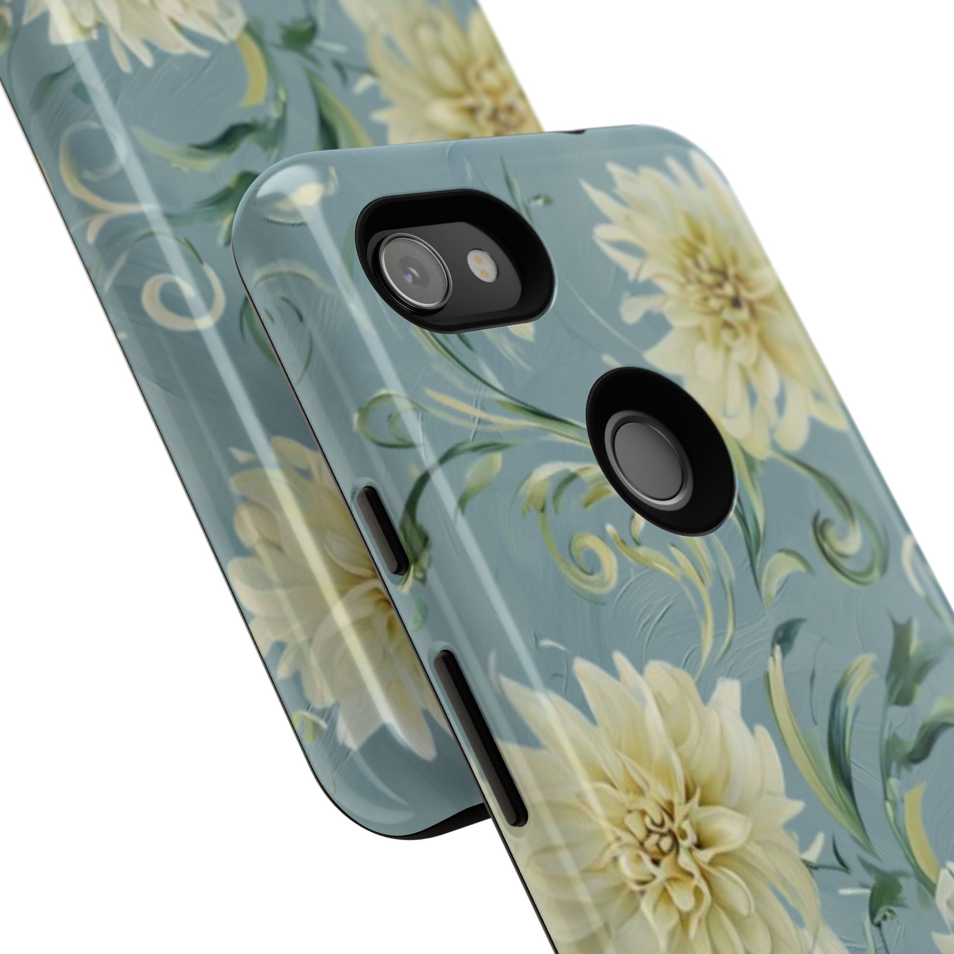 Golden Dahlia Trio - Elegant Floral Google Pixel 3a XL Tough Phone Case - Artistic White & Blue Dahlia Design