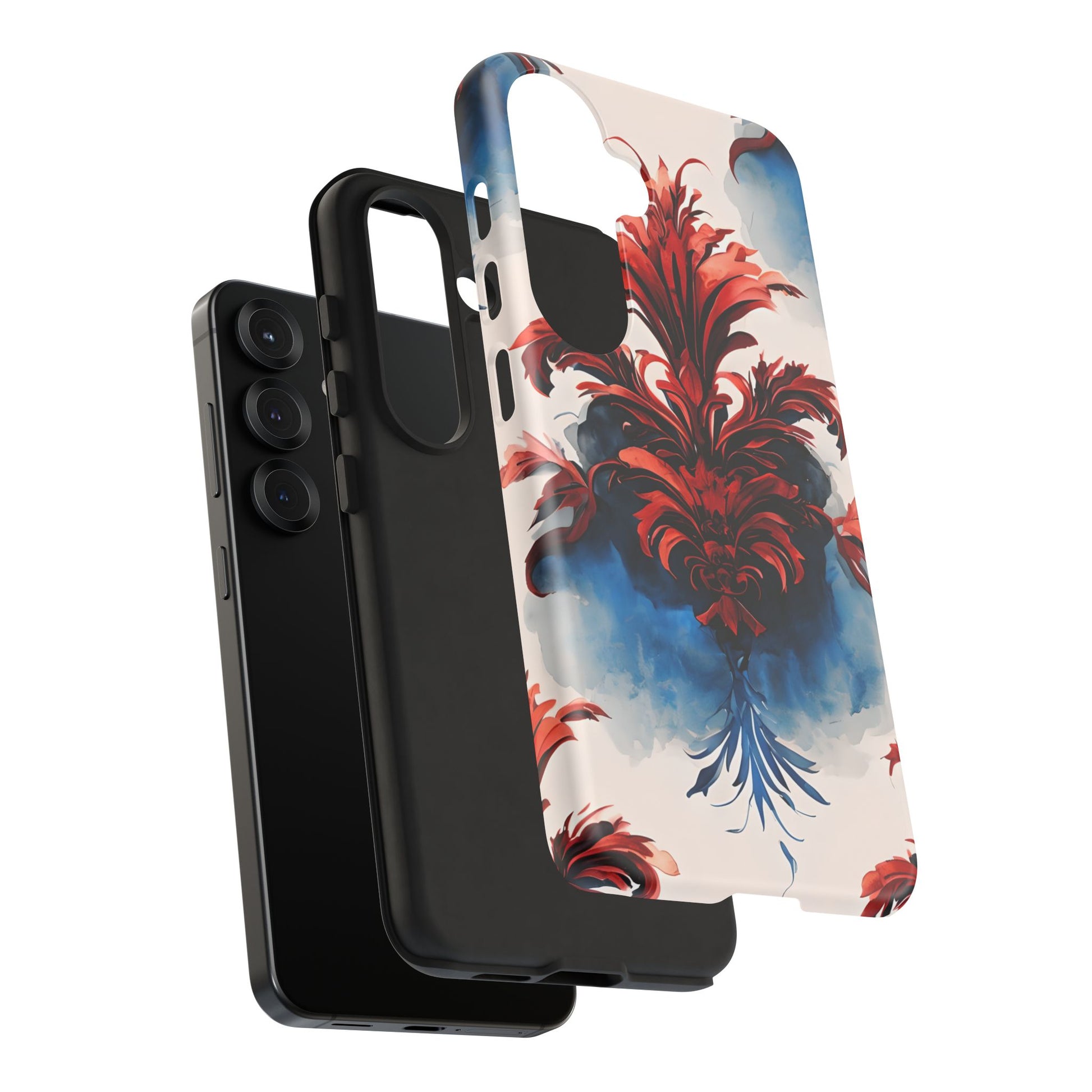 Crimson Plume - Bold Artistic Feather Samsung Galaxy S25 Tough Phone Case - Dramatic Red & Blue Design