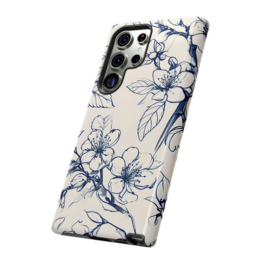 Blossom Sketch blue botanical line drawing Samsung Galaxy phone case angled view