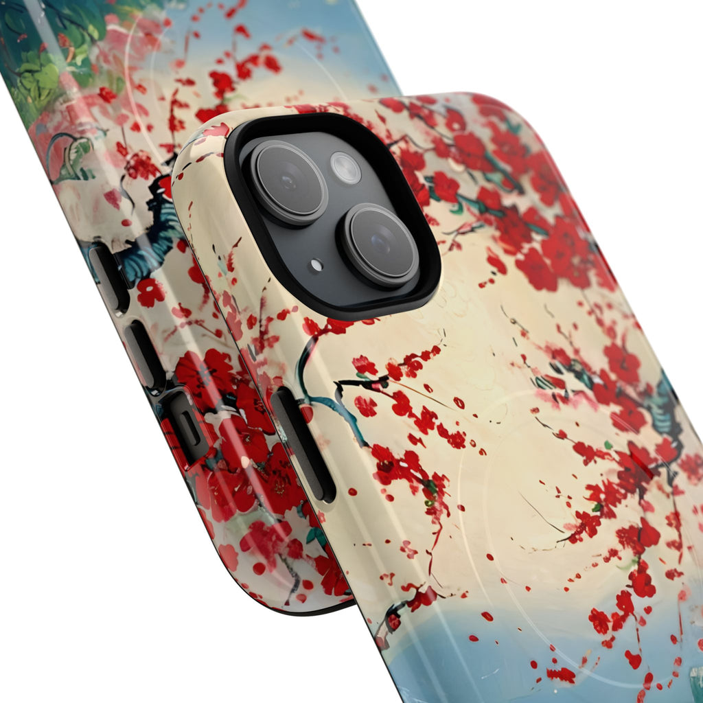 Crimson Blossom Lake - Artistic Floral Landscape iPhone 15 Plus MagSafe Phone Case - Red Cherry Blossoms & Serene Lake Design