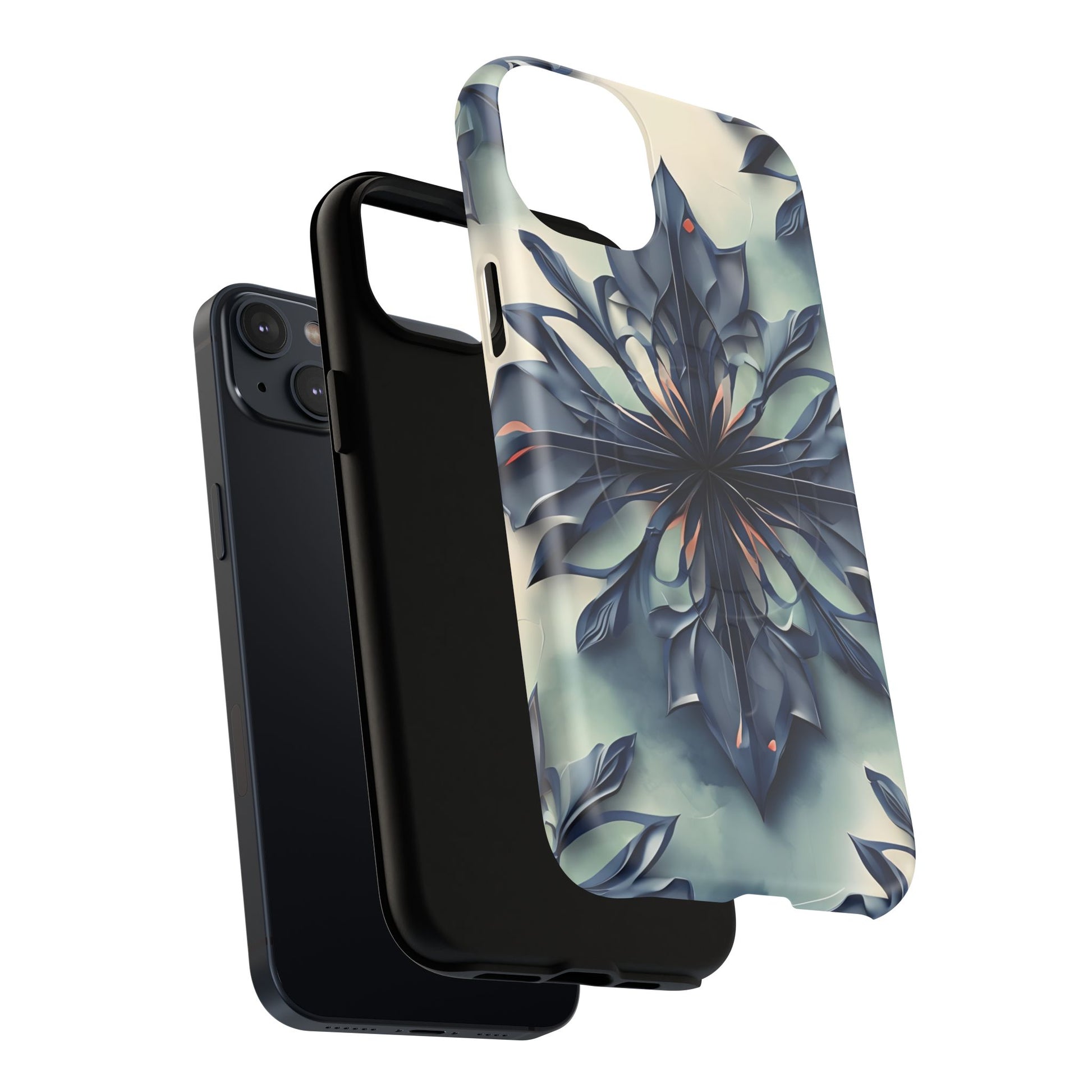 Frosted Indigo Bloom - Artistic Kaleidoscope Collection Artistic Floral - iPhone 14 Plus MagSafe Phone Case -Blue Symmetrical Design