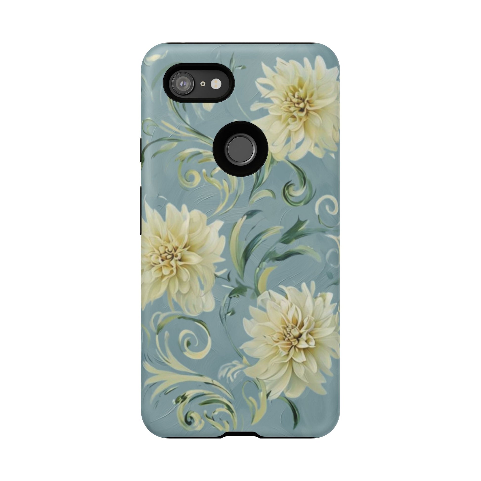 Golden Dahlia Trio - Elegant Floral Google Pixel 3XL Tough Phone Case - Artistic White & Blue Dahlia Design