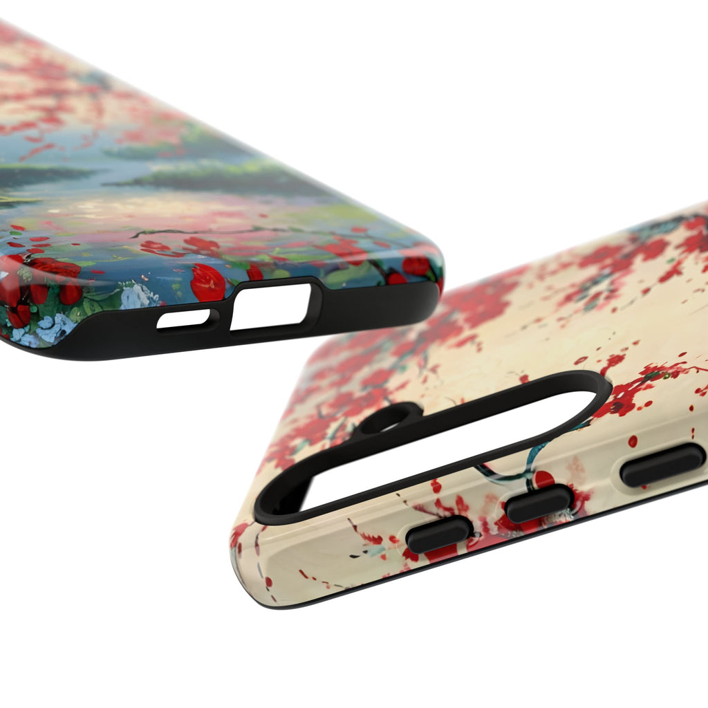 Crimson Blossom Lake - Artistic Floral Landscape Samsung Galaxy S24 Plus Tough Phone Case - Red Cherry Blossoms & Serene Lake Design