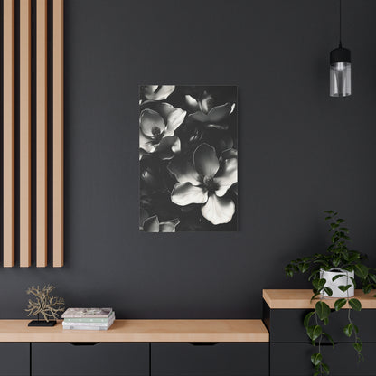 Monochrome Magnolia wall art canvas displayed on a dark accent wall in a modern living room