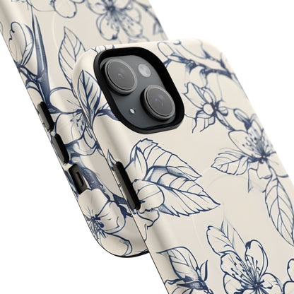 Blossom Sketch - Artistic Blue Floral - iPhone MagSafe Phone Case - Botanical Design
