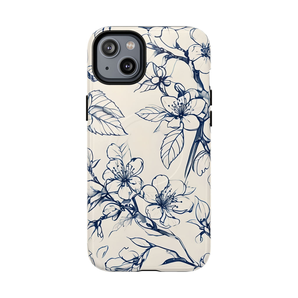 Blossom Sketch - Artistic Blue Floral - iPhone 14 Plus MagSafe Phone Case - Hand-Drawn Botanical Design