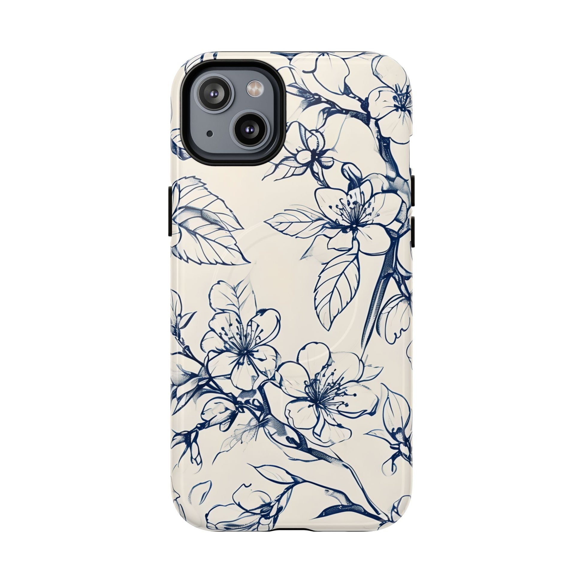Blossom Sketch - Artistic Blue Floral - iPhone 14 Plus MagSafe Phone Case - Hand-Drawn Botanical Design